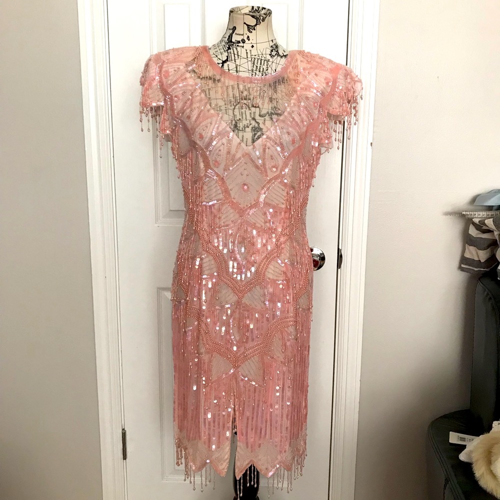 Monique Vintage Embellish Fringe Flapper 20’s illusion vibrant sequin dress M